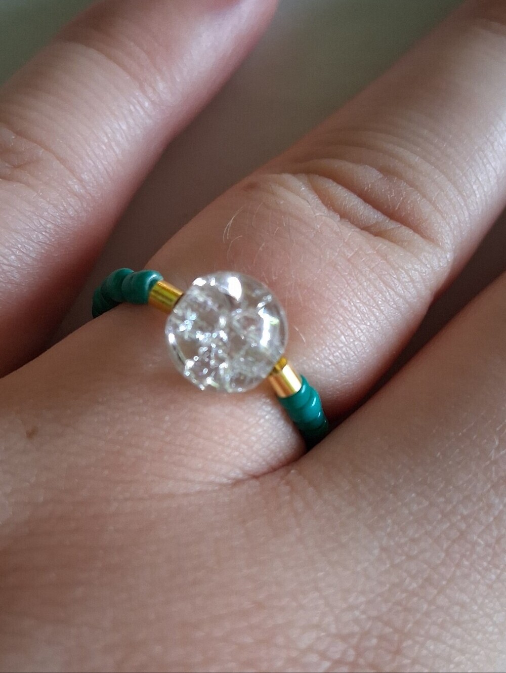 5/$25 Delicate Green Bead Ring with Clear Crystal Accent 7,8,9
